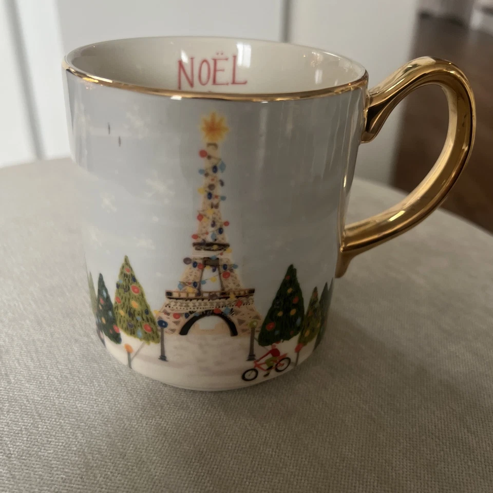 Taza de vacaciones Anthropologie Noel A Paris con adornos dorados 13 oz. 4"x3.5" Foto 1 de 4