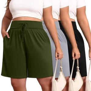 3 Pack Plus Size Women's Bermuda Shorts Cotton Drawstring High Waist Casual A... - Picture 1 of 7