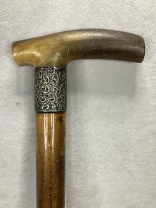 Vintage English Walking Stick Horn Handle Silver Band Marked 1906 - Picture 1 of 12