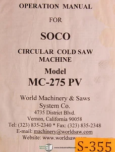 Soco MC-275 PV, Saw Machine, Setup Operations and Parts Manual - Picture 1 of 1