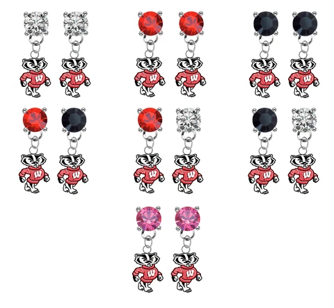 Wisconsin Badgers Mascot Crystal Bling Earrings Stud Post Dangle - Pick Colors Cover