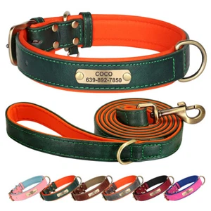 Soft Leather Dog Collar and Lead Personalised With Name Engraved Adjustable XS-L - Picture 1 of 22