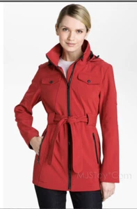 LONDON FOG Women’s Sz Small Red Belted Detach Hood Fleece Lining Jacket Coat - Picture 1 of 16