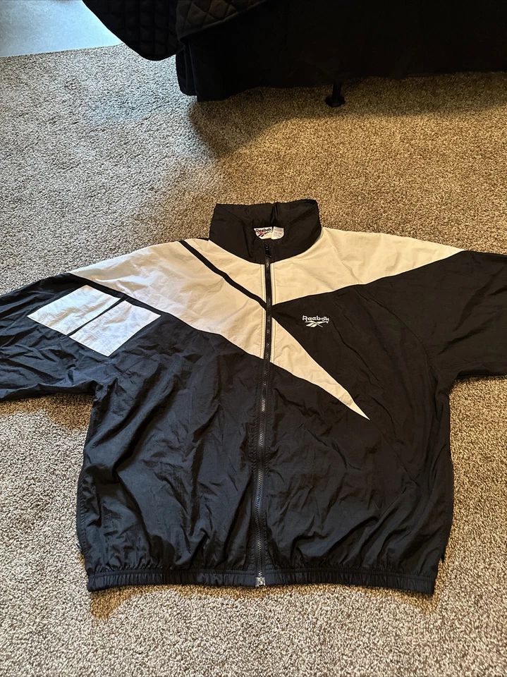 Vintage 90s Reebok Big Logo Black Nylon Full Zip Windbreaker Jacket Mens 2XL - Image 1 of 4