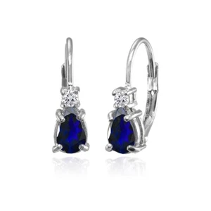 Silver Created Blue Sapphire and White Topaz Teardrop Huggie Leverback Earrings - Picture 1 of 3