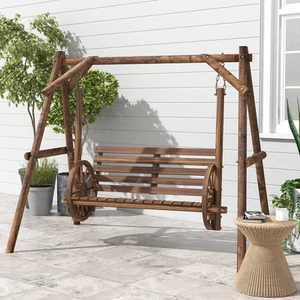 Outsunny 2 Seat Porch Swing w/ Stand Log Patio Swing Carbonized Brown - Picture 1 of 11