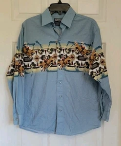 Camicia western vintage Panhandle ragazzo L (14) cavallo rodeo stampata blu perla snap - Foto 1 di 6