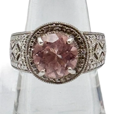 Anillo solitario de turmalina rosa filigrana de plata de ley Big Bling 7,75 Foto 1 de 4