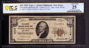 1929 $10 ATLANTIC HIGHLANDS NATIONAL BANK NOTE CURRENCY NEW JERSEY PCGS B VF 25 - Picture 1 of 4