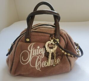 Vintage Y2K Juicy Couture Terry Cloth Bowler Bag Charms Rhinestones Brown 