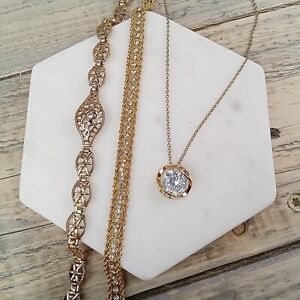 Gold Tone Jewelry Lot of 3: NRT Avon Necklace Glass Stone; 2 Rhinestone Bracelet
