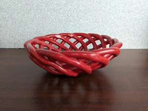 Braid Bread Basket Ceramic Red Circle of Loops Microwave Dishwasher Safe - Picture 1 of 14