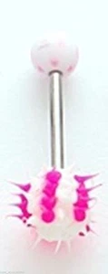 Tongue Ring w/Kooshball 8mm White/Pink Ball 14 Gauge 5/8" Barbell - Picture 1 of 3