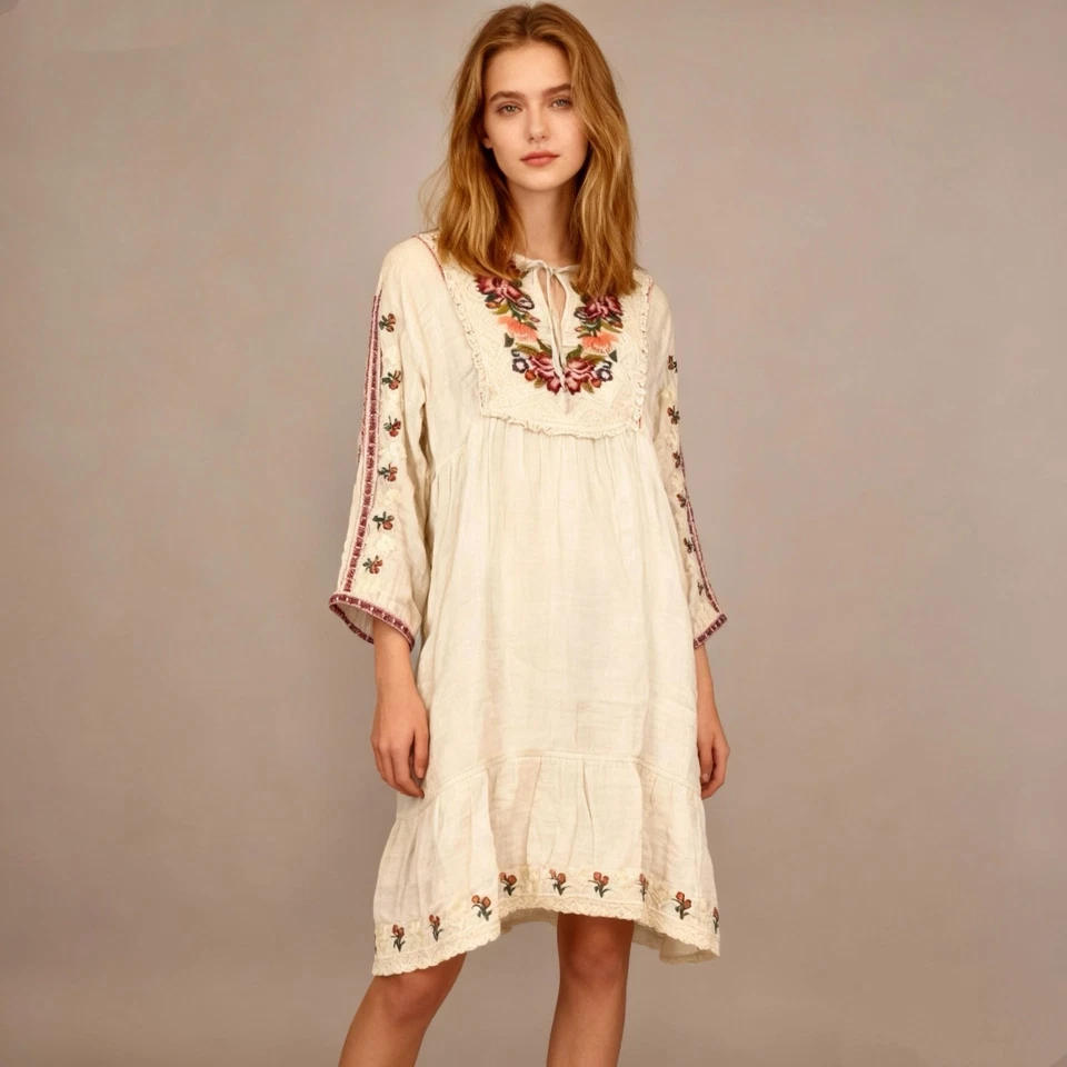 Nuevo sin etiquetas Vestido Johnny Was Boho Algodón Bordado Floral Mangas Largas Hasta la Rodilla S Foto 1 de 4