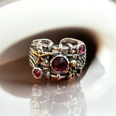 Anello Regolabile Argento 925 con Tormalina Rossa e Stella Marina dorata - Immagine 1 di 4