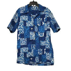 Vintage blau weiß Retro Blockdruck Hawaii Knopfleiste Freizeithemd - Bild 1 von 13