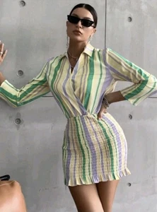 Zara Mini Dress Stripe Striped Sleeve Shirt Shirred Size M The Valery Pastel - Picture 1 of 11