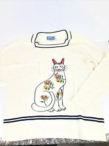 Vtg Mid Century LeRoy Knitwear Sweater Embroidered Cat Floral Pullover M - Picture 1 of 18