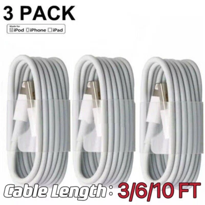 3-PACK USB Data Fast Charger Cable Cord For Apple iPhone 5 6 7 8 X 11 12 13 MAX - Image 1 of 4