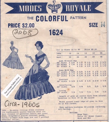 1960s Vintage Sewing Pattern B34" Evening Dress (2068) By MODES ROYALE 1624 - Image 1 of 3