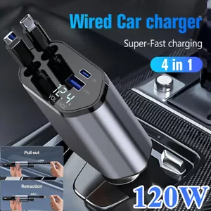 4 IN 1 Retractable Car Charger Cable Dual Port USB-C PD Fast Charging Adapter US - Picture 1 of 17