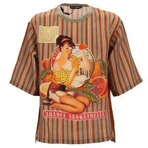 DOLCE & GABBANA Pin Up Sicily Model Orange Linen T-Shirt Shirt Striped 13502