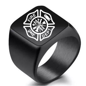 Fire Department Sign Firefighter Ring Stainless Steel Fireman Biker Ring Black - Picture 1 of 2