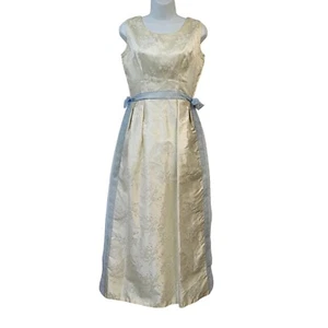 Vintage Wedding Dress 50s 60s Jacquard Satin Square Neck White Blue 10 - Picture 1 of 3