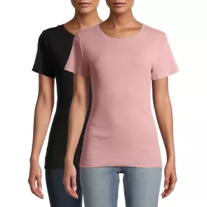 Time and Tru Women's Short Sleeve Rib T-Shirts, 2-Pack, Black/Pink, Small 4-6 - Picture 1 of 11