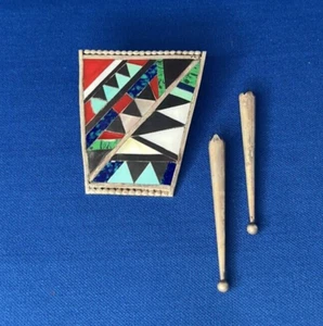 Vintage Zuni Thunderbird Multi-Stone Inlay Sterling Silver Bolo Tie Clip - Picture 1 of 7