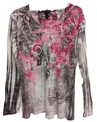 INC International Concepts Womens Hoodie XL Pink Gray Burnout Paisley Rhinestone - Image 1 of 4