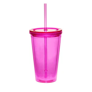 16oz Double Wall Acrylic Tumbler Pool Beach Cup Mug with Straw - Picture 1 of 9