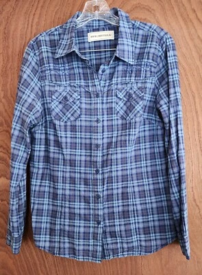 Camisa para mujer BIT & BRIDLE M 100 % algodón a cuadros abotonada azul marino occidental damas Foto 1 de 4