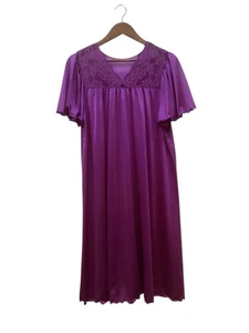 vtg shadowline nightgown Size M Purple Flutter Sleeves V Neck Lettuce Hem Lace - Picture 1 of 6