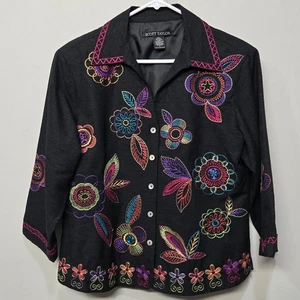 Camisa Top Vintage Y2K Floral Bordada Grande Negra Mezcla Seda Arte Boho Para Usar - Imagen 1 de 10