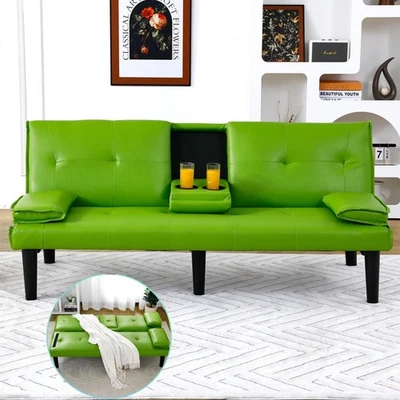 Convertible Futon Sofa Bed Faux Leather Green Twin Sleeper Couch For Living Room - Image 1 of 4