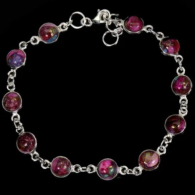 925 Sterling Silver Bracelet Round Kingman Turquoise 6mm Gemstone Jewelry 7in - Image 1 of 4