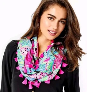 NEW $58 Lilly Pulitzer Resort Infinity Loop Scarf Turquoise Pink Pom Poms - Picture 1 of 5