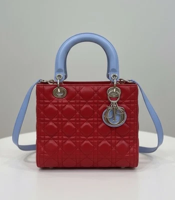 Authentic Dior Mini Lady Dior Tricolour  Red / Pink / Blue Lambskin Cannage Bag - Image 1 of 4
