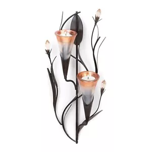 Dawn Lily Wall Sconce Orange Blossom Glass Flower 2 Candle Cup Sculpture 16" H - Picture 1 of 9