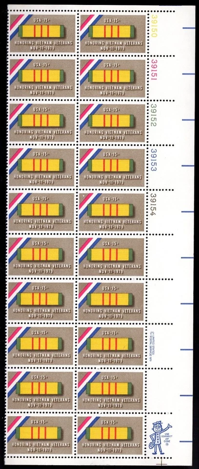 Scott #1802 Vietnam War Veterans Plate Block of 20 Stamps - MNH UR Plus - Image 1 of 1
