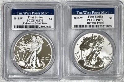 2013 W REVERSE PROOF & ENHANCED SILVER EAGLE PCGS PR70 MS70 FS WEST POINT SET - Image 1 of 2