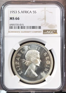 1953 SOUTH AFRICA SILVER 5 SHILLINGS SPRINGBOK NGC MS 66 RARE HIGH GRADE GEM - Picture 1 of 3