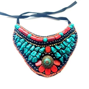 TIBETAN Beaded Bib Collar Necklace, turquoise coral, boho, gypsy, tribal, ethnic - Picture 1 of 5