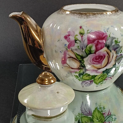 Tetera vintage Pearl Lusterware, tapa, hervidor de agua, dorado, rosas rosadas, porcelana, Japón Foto 1 de 4
