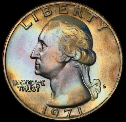 PR66 1971-S 25C Washington Proof Quarter, PCGS Secure- Rainbow Toned Cover