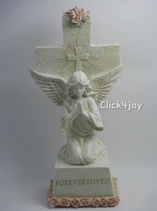 26CM KNEELING PRAYER ANGEL ON CROSS "FOREVER LOVED" GRAVE MEMORIAL STATUE - Picture 1 of 4