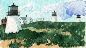 Three Sisters of Nauset Lighthouses Cape Cod Massachusetts Watercolor Art Prints - Picture 1 of 1