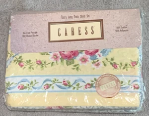 Vintage 90s Caress XLong Twin Sheet Set Yellow/Blue/Pink Rose Ribbon Bouquet-NIP - Picture 1 of 17