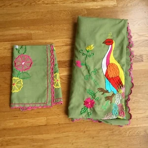 Vintage Green Multicolor Embroidered Peacock & Floral Bedspread & Pillowcase Set - Picture 1 of 13